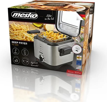 Fritezë e thellë, Adler Mesko MS 4910, 1.5 L 900 W, termostat i rregullueshëm, çelik inox, argjendtë/zi