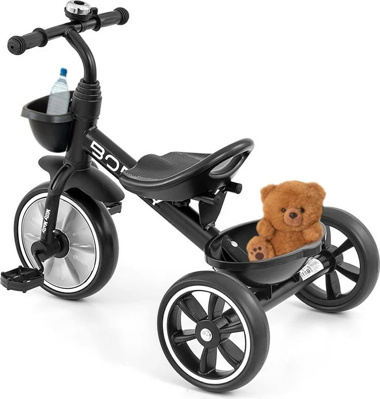 tricikletë fëmijësh, Milly Mally Bobby, kornizë çeliku, rrota EVA, pedale të heqshme, dy shporta, e zezë