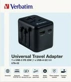 Adapter udhëtimi universal Verbatim UTA-02, 20W, 1x USB-C, 1x USB-A, i zi