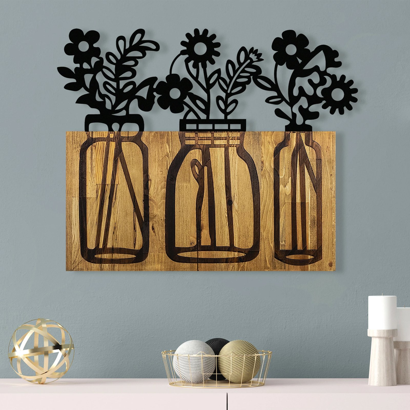 Aksesor dekorativ prej druri për mur, Wallity, Flower 5, ngjyrë arre dhe e zezë, 65x3x52cm