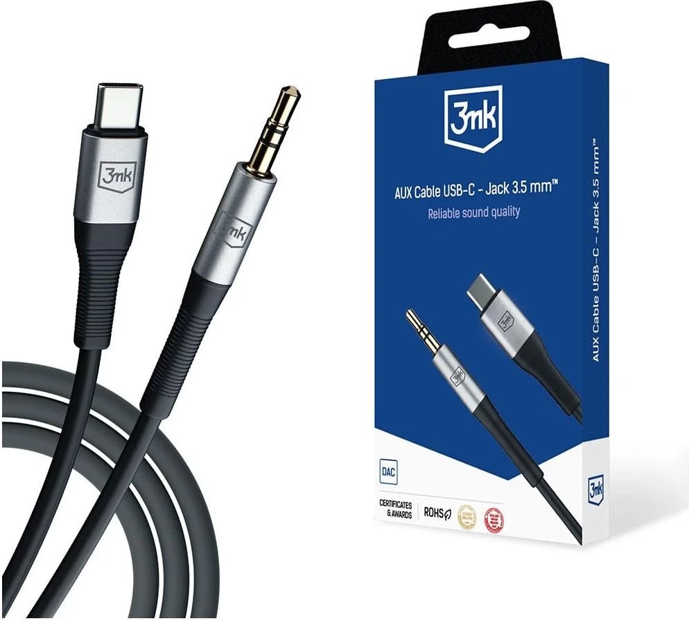 Kabllo audio 3mk, USB-C - Jack (3,5 mm), e zezë