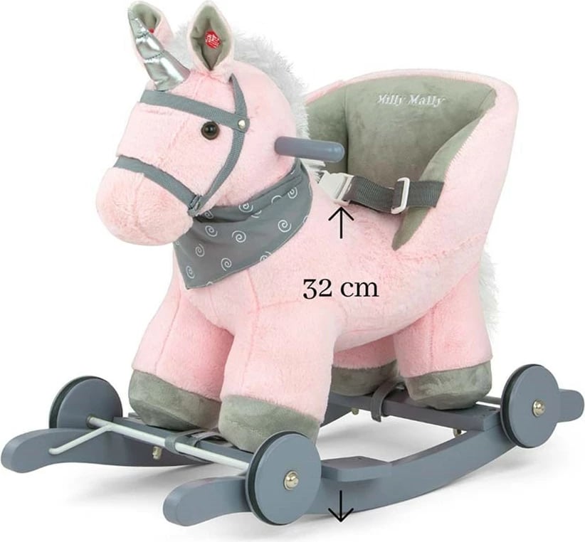 Kalë lëkundës 2‑në‑1, Milly Mally Polly, karrige me rrip sigurie, tinguj, deri 30 kg, 12–36 muaj, rozë