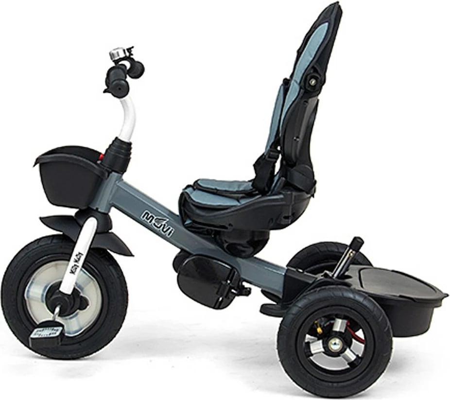 Tricikel për fëmijë Milly Mally Movi sedile 360°, rrota të fryra, dorezë prindi e rregullueshme, tendë palosëse, gri