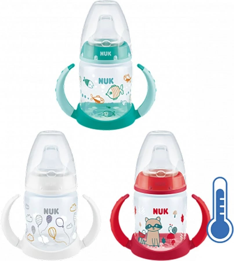 shishe mësimore për bebe, NUK, First Choice, 150 ml, kontroll temperature, e kuqe
