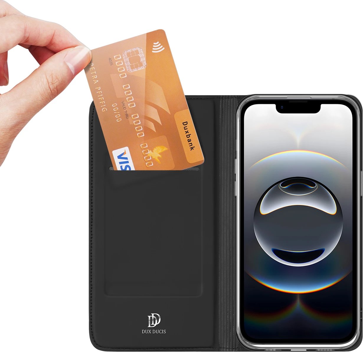 Mbështjellës Dux Ducis Skin Pro për iPhone 16e, me xhep për kartela, me kapak, e zezë