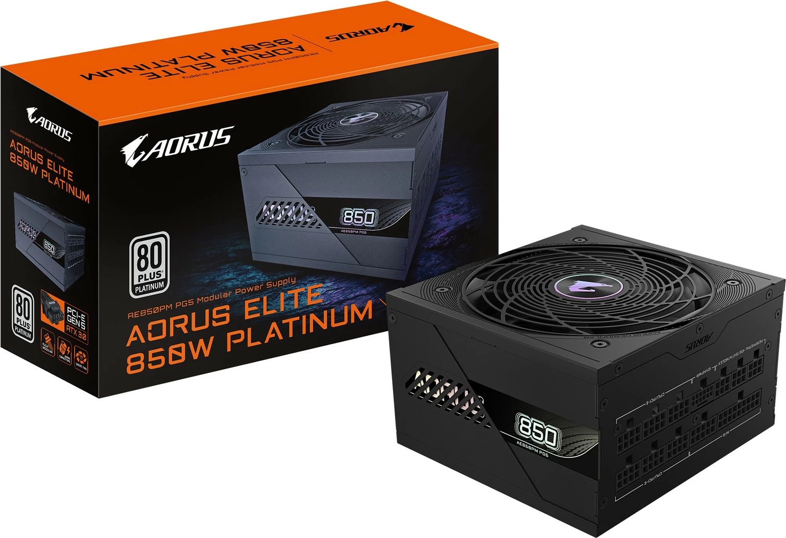 Furnizues Gigabyte AORUS ELITE P850W, PCIe 5.0, 80 PLUS Platinum, Dizajn plotësisht modular, Ventilator 120mm, ATX 3.0, 850 W