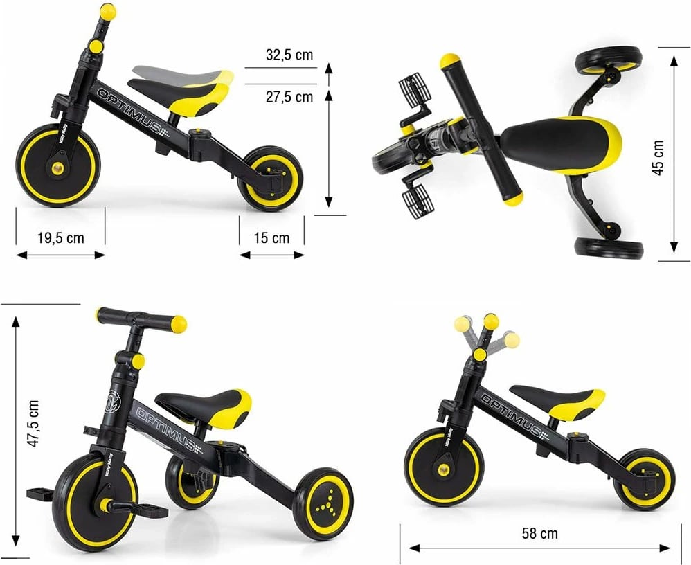 tricikel 3-në-1, Milly Mally Optimus, pedale të heqshme, rrota shkumë, sedilje e rregullueshme, i palosshëm, 12m+, e zezë