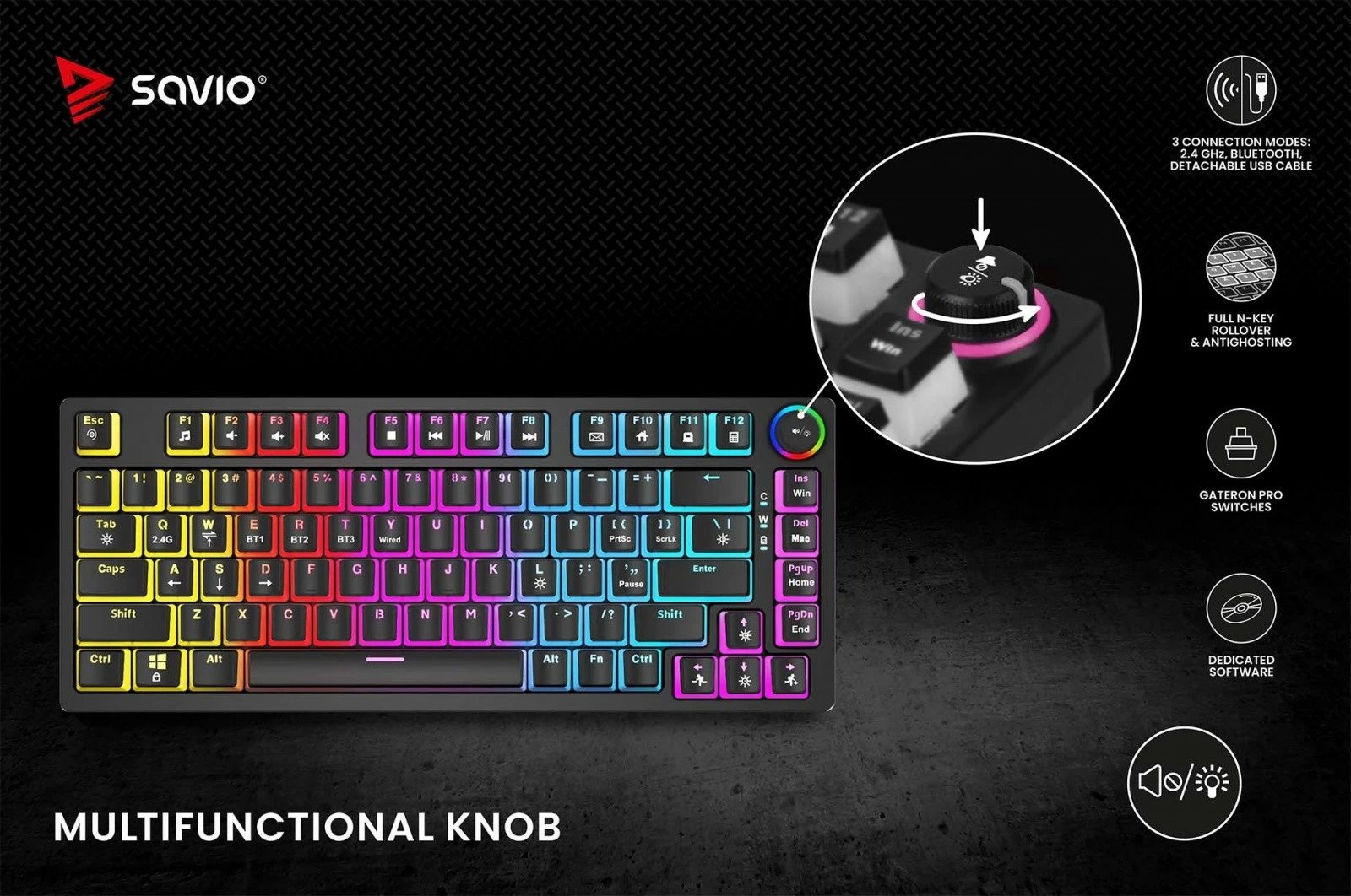Tastierë mekanike Savio Phenix, Gateron Yellow Pro, wireless/përmes kabllos, RGB, e zezë Tastierë mekanike Savio Phenix, Gateron Yellow Pro, wireless/përmes kabllos, RGB, e zezë