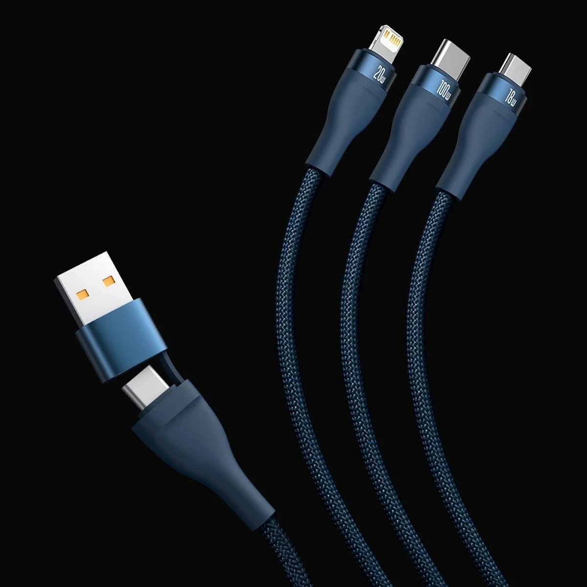 Kabllo multifunksional Baseus Flash Series II CASS030101, 1.2m, 100W, USB-A/USB-C/Lightning/micro USB, e zezë