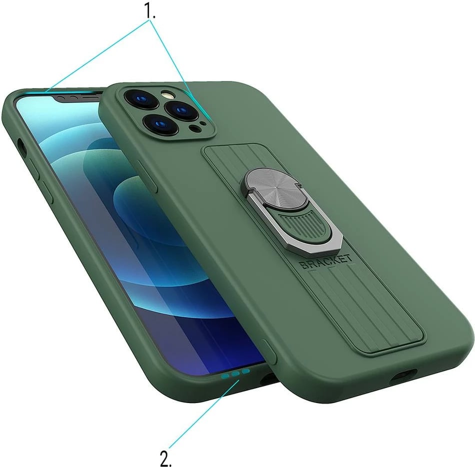 Mbështjellës silikoni Hurtel Ring Case me mbajtëse gishti dhe stand për Samsung Galaxy S21+ 5G, e gjelbër e errët