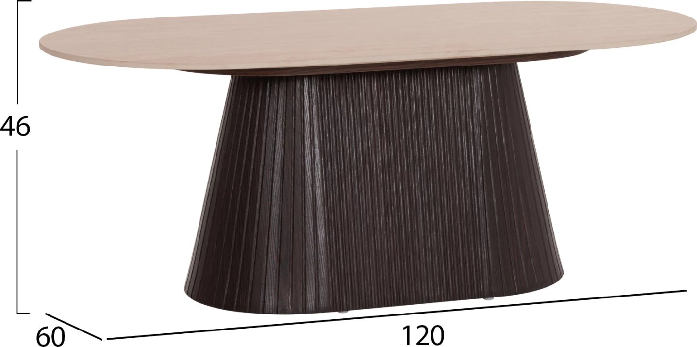 Tavolinë kafeje ovale, sipërfaqe qeramike, pamje guri travertin, bazë MDF, 124x63x39cm