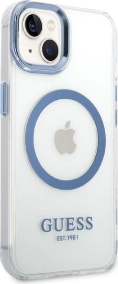 Mbështjellës Guess Metal Outline MagSafe për iPhone 14 Plus/15 Plus, Kaltër/Transparent