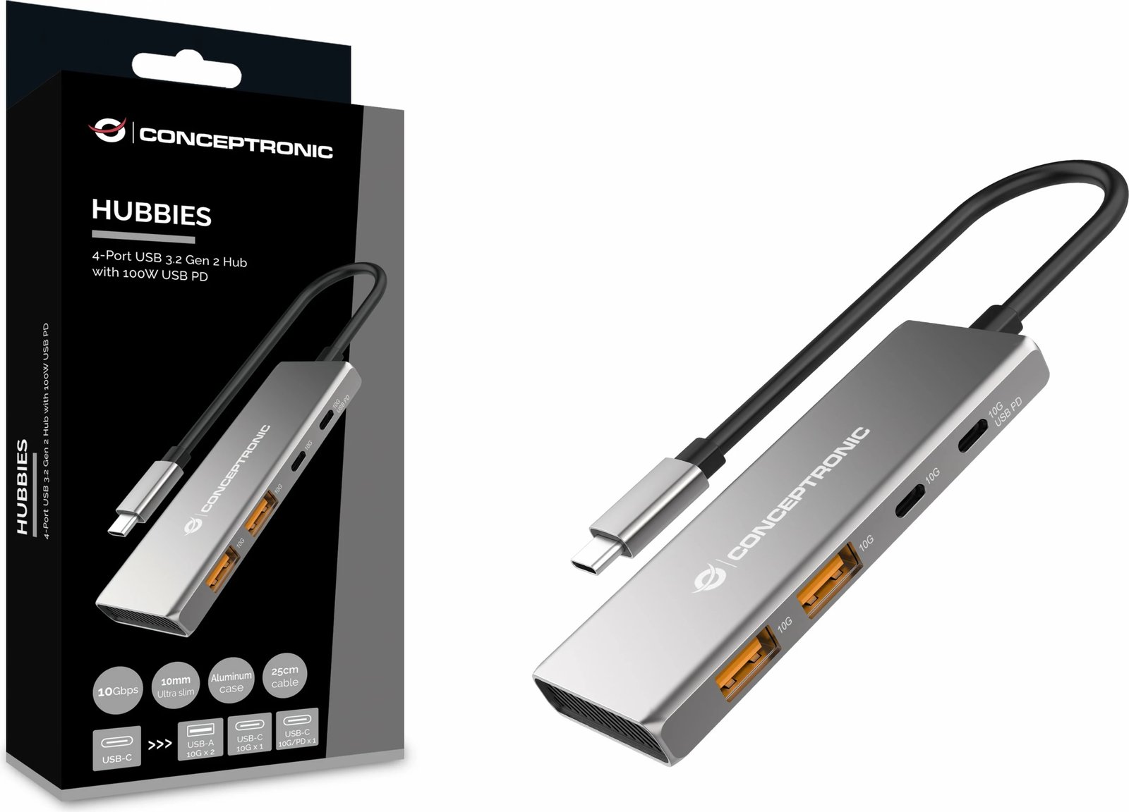 Dock USB-C Conceptronic 4-1, 2xUSB-C, 2xUSB-A, 100WPD, 25cm, gri