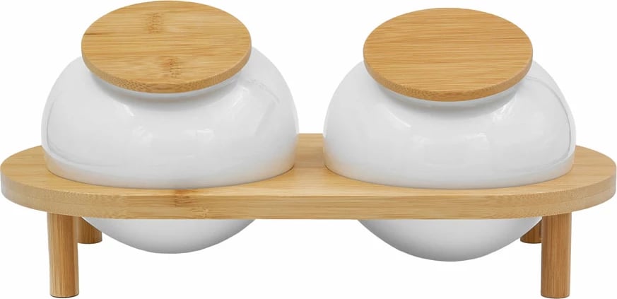 Set kavanozash për ruajtje, 2 copë, porcelan i bardhë, kapak bambuje, 33x16x13cm