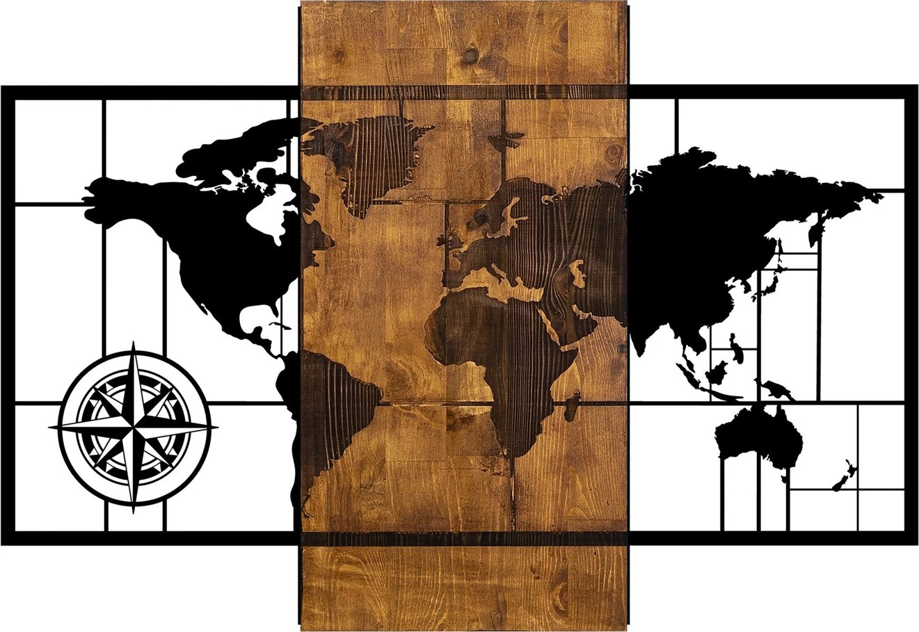 Aksesor dekorativ muri prej druri, hartë bote me busull, ngjyrë arre/zezë, 58x85cm