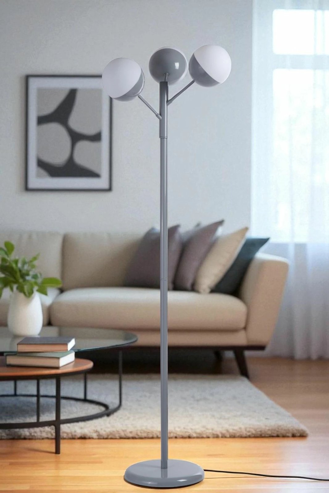 Llambë dyshemeje Opviq, 8948-6, metal e xham, e bardhë dhe gri