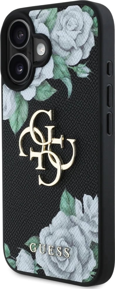 Mbështjellës Guess Grained Roses Big 4G logo për iPhone 16, i zi Mbështjellës Guess Grained Roses Big 4G logo për iPhone 16, i zi