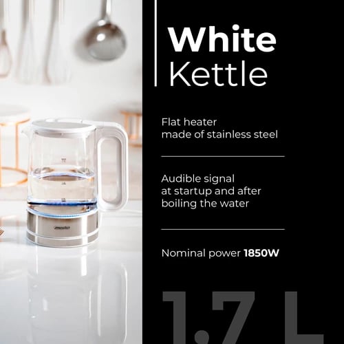 Çajnik elektrik qelqi, Mesko, MS1301, 1.7 L, kontroll temperature, LED, i bardhë