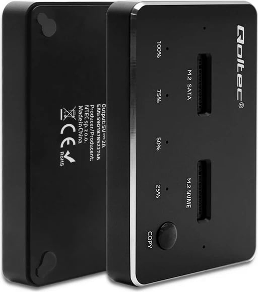 Kasë SSD Qoltec 52274, M.2, NVMe/SATA, USB-C, DUAL 2 x 2TB, e zezë
