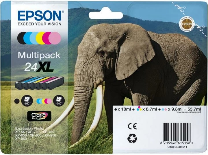 Set kartrixha boje Epson 24XL Multipack C13T24384011, kapacitet i lartë ~55.7 ml, shumëngjyrëshe