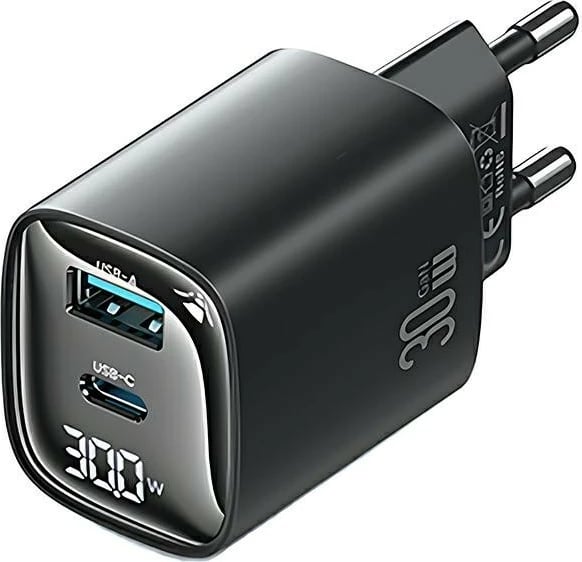 Karikues muri USAMS CC229, 30W, GaN, 1x USB + 1x USB-C, Ekran dixhital, i zi
