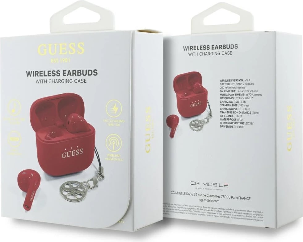 Kufje TWS Guess Glossy Effect me logo dhe varëse, Bluetooth 5.4, të kuqe