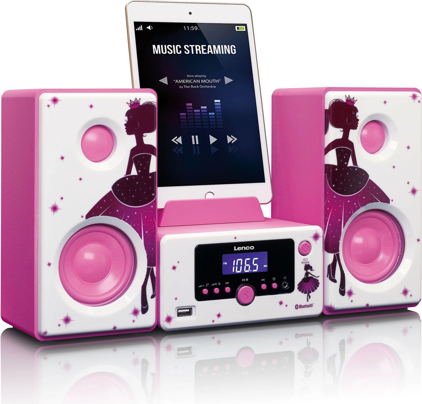 Altoparlantë Lenco MC-020 Princess, Bluetooth, USB, 10W, rozë/bardhë