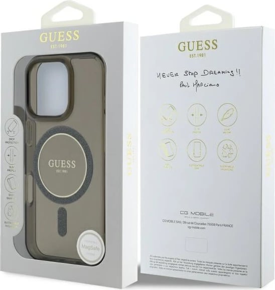 Mbështjellës Guess IML Glitter Circle MagSafe për iPhone 16 Pro Max, i zi
