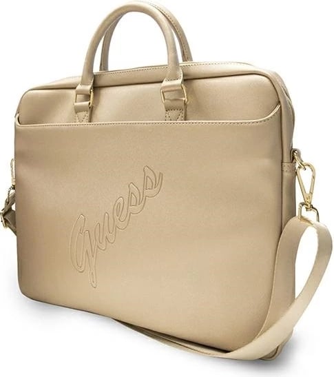 Çantë laptopi Guess Saffiano Script, 16 inç, lëkurë eko, ari