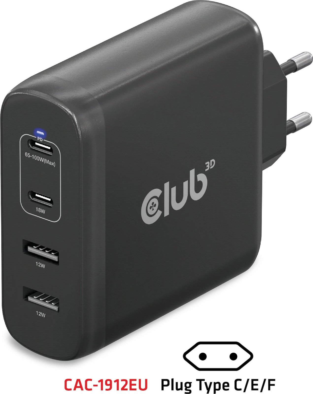Karikues Club3D 2xUSB Type-C, 2xUSB Type-A, PD 100W, GaN, i zi