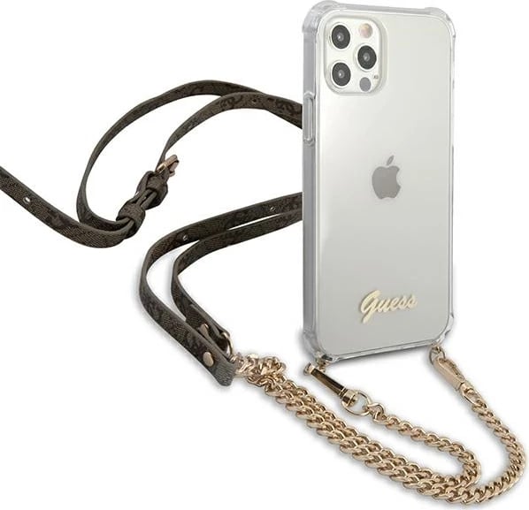Mbështjellës Guess GUHCP12MKC4GSGO për iPhone 12/12 Pro 6.1", transparent me zinxhir të artë