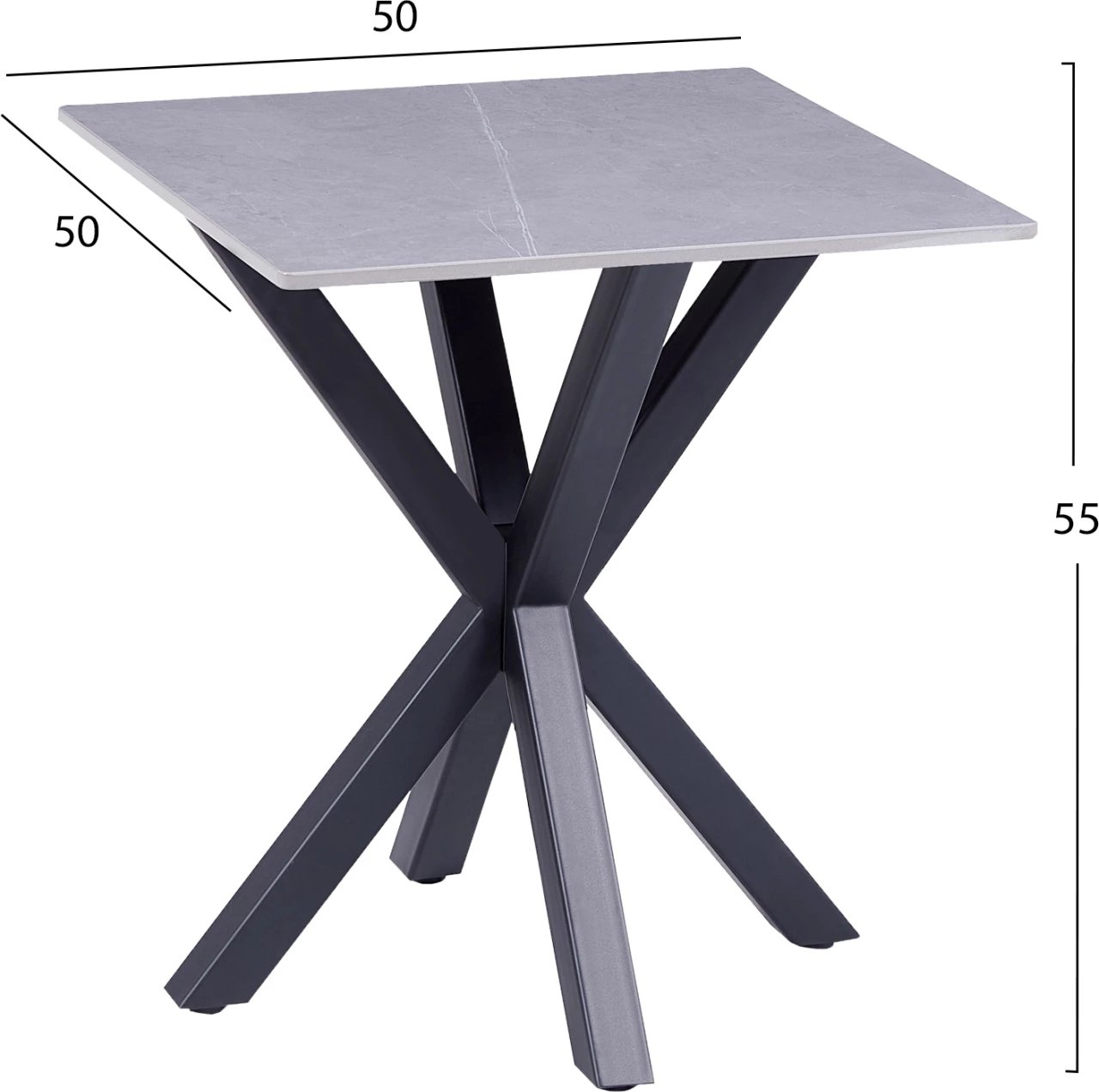 Tavolinë anësore, ngjyrë mermeri gri, sipërfaqe guri të sinteruar, bazë metalike e zezë, 50x50x55H cm