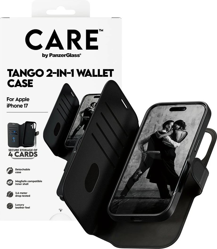 Mbështjellës PanzerGlass CARE Feature Case Tango 2in1 Wallet MagSafe për iPhone 17, i zi