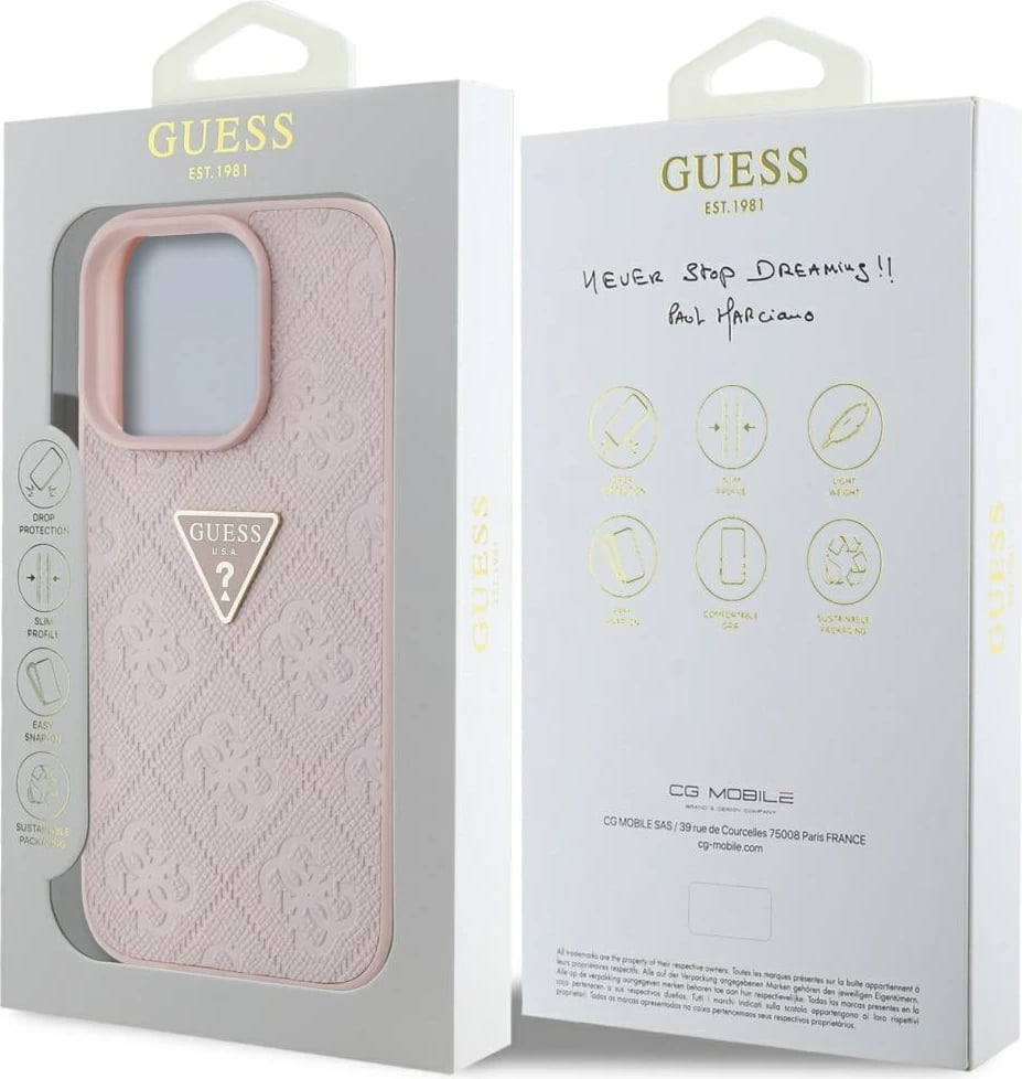 Mbështjellës Guess Hot Stamp 4G Pattern Triangle Metal Logo për iPhone 16 Pro Max, Rozë