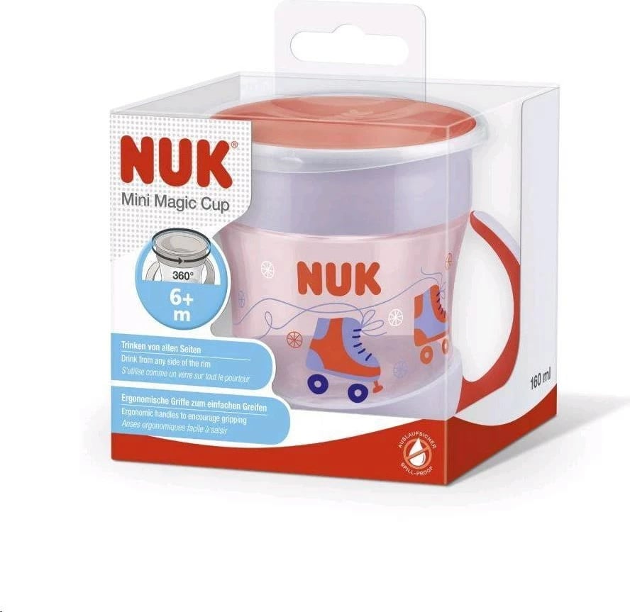 Gotë trajnimi foshnje, NUK, Mini Magic 360°, 160 ml, me kapak, pa BPA, 6m+, e kuqe