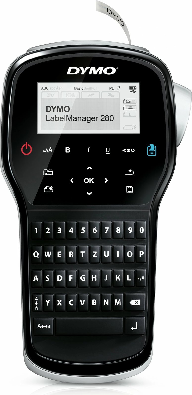 Printer etiketa Dymo LabelManager 280 QWERTZ, LCD, USB, Li-Ion, zi, argjendtë