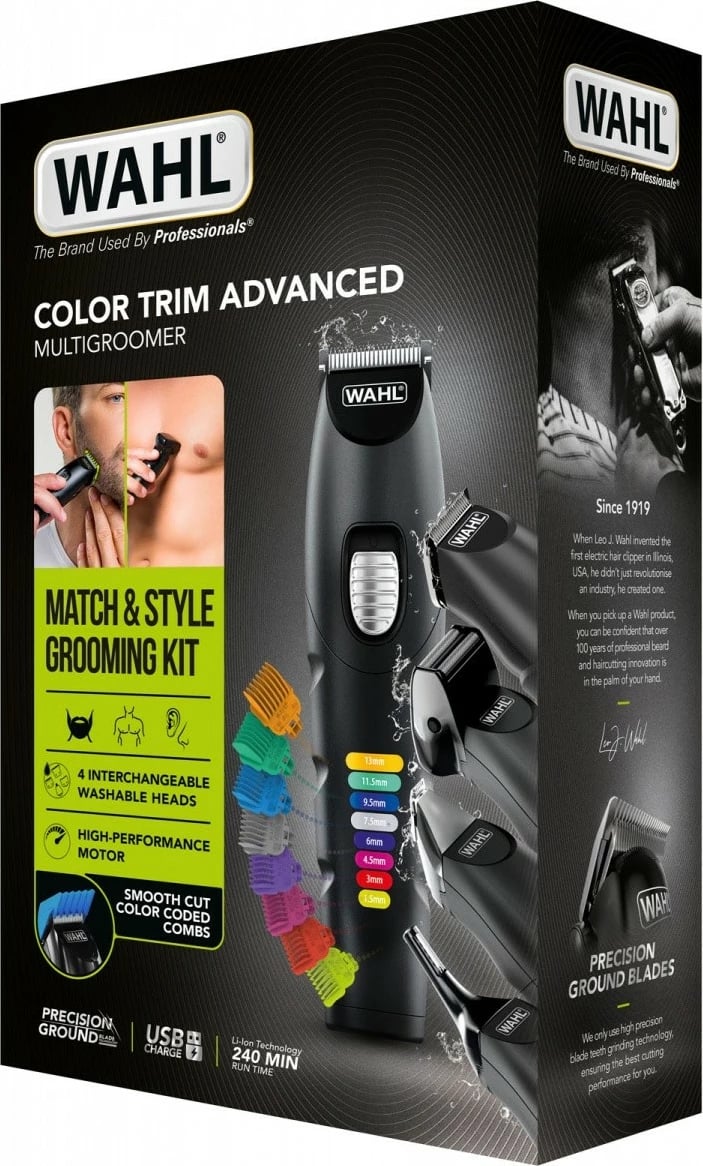 Trimer multifunksional, Wahl, Color Trim Advanced 9893-0464, bateri 240 min, teh çeliku inox, prerje 0.5–13 mm, gjerësi 30 mm, i zi, set me 8 krehra + 4 koka
