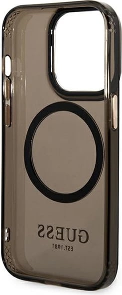 Mbështjellës Guess GUHMP14LHTCMK për iPhone 14 Pro 6.1", i fortë, MagSafe, i zi/me të arta