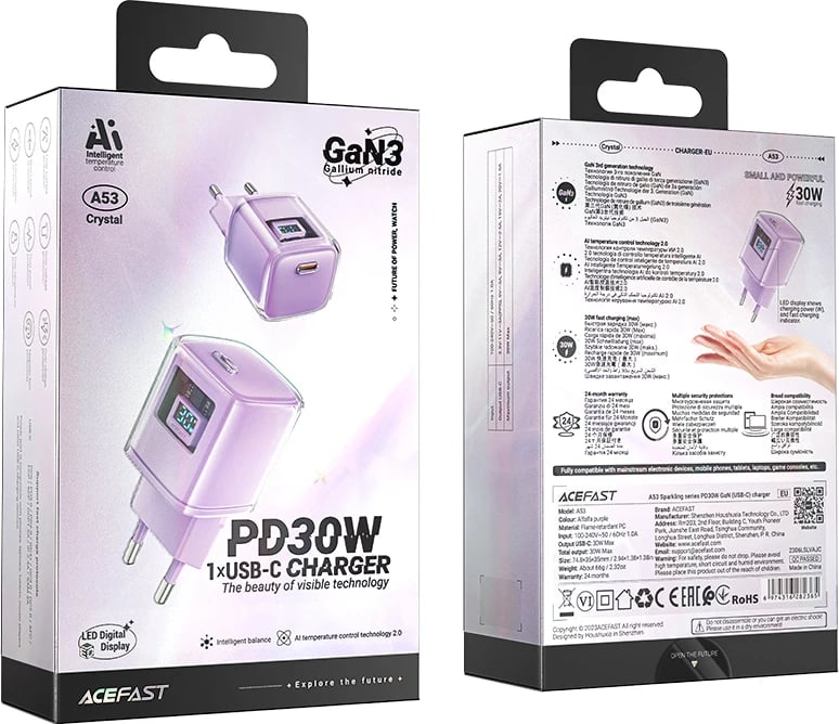 Karikues muri Acefast A53, 30W, GaN, USB-C, me ekran LED, vjollcë