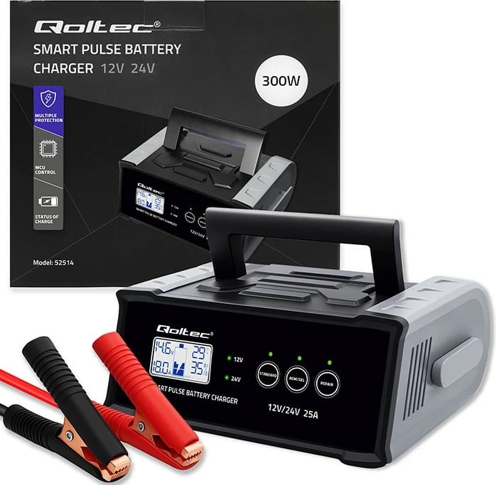 Karikues baterie mikroprocesorik Qoltec 52514 12V/24V 25A me funksion riparimi LCD, e zezë