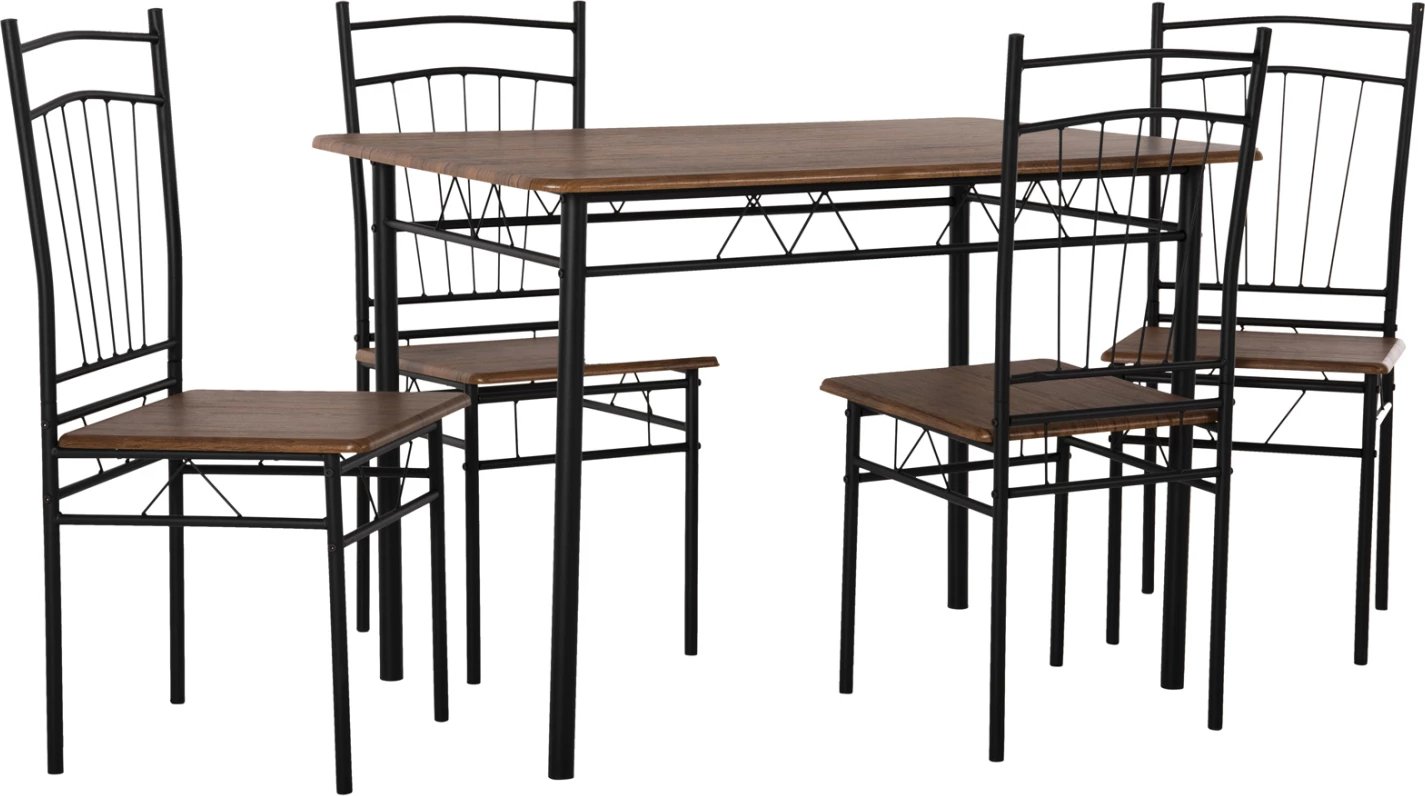 Tavolinë me karrige, 5 copë, PEARY FH9416.11, metal i zi-MDF, ngjyrë arre, 110x60x74 cm