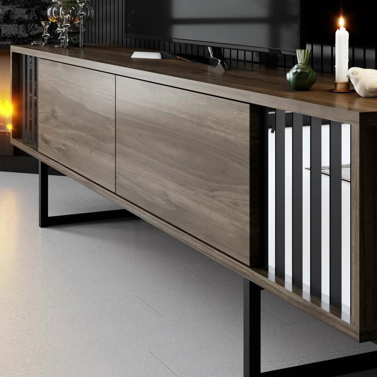 Komodë TV Hanah Home, Chrome Line, ngjyrë arre, e zezë