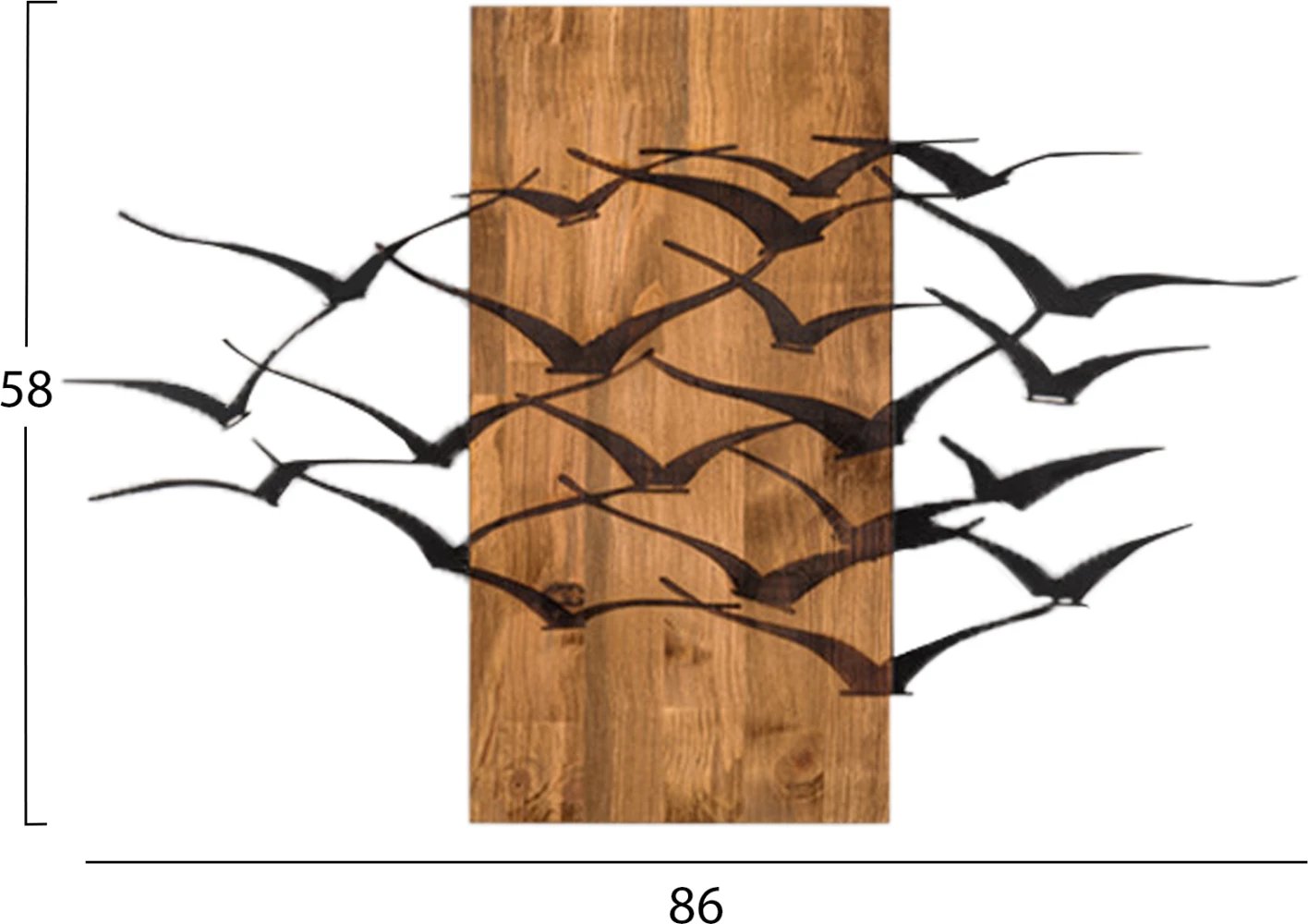 Dekor murale me zogj, metal i zi, dru natyral, FH4805, 86x3x58cm