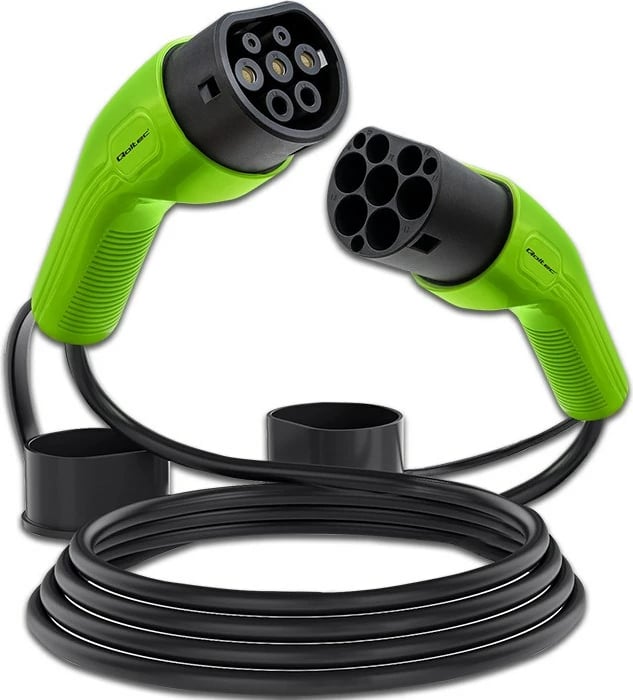 Kabllo karikimi për vetura elektrike Qoltec Type 2, 5m, 11kW, 16A, Jeshile