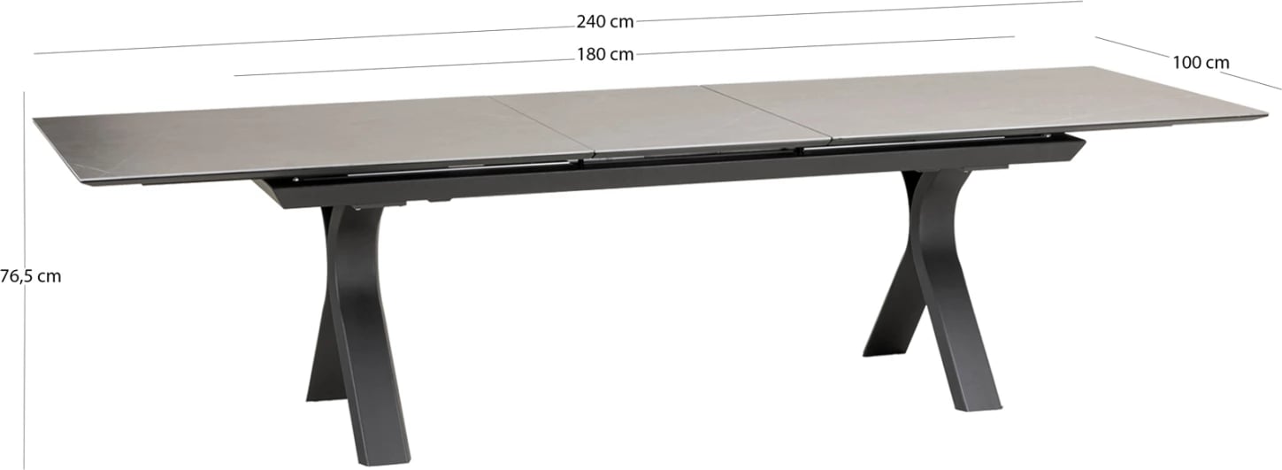 Tavolinë ngrënieje e zgjerueshme Andromeda, alumin, sipërfaqe prej guri të sinterizuar, ngjyrë gri, 180-240x100x76.5cm