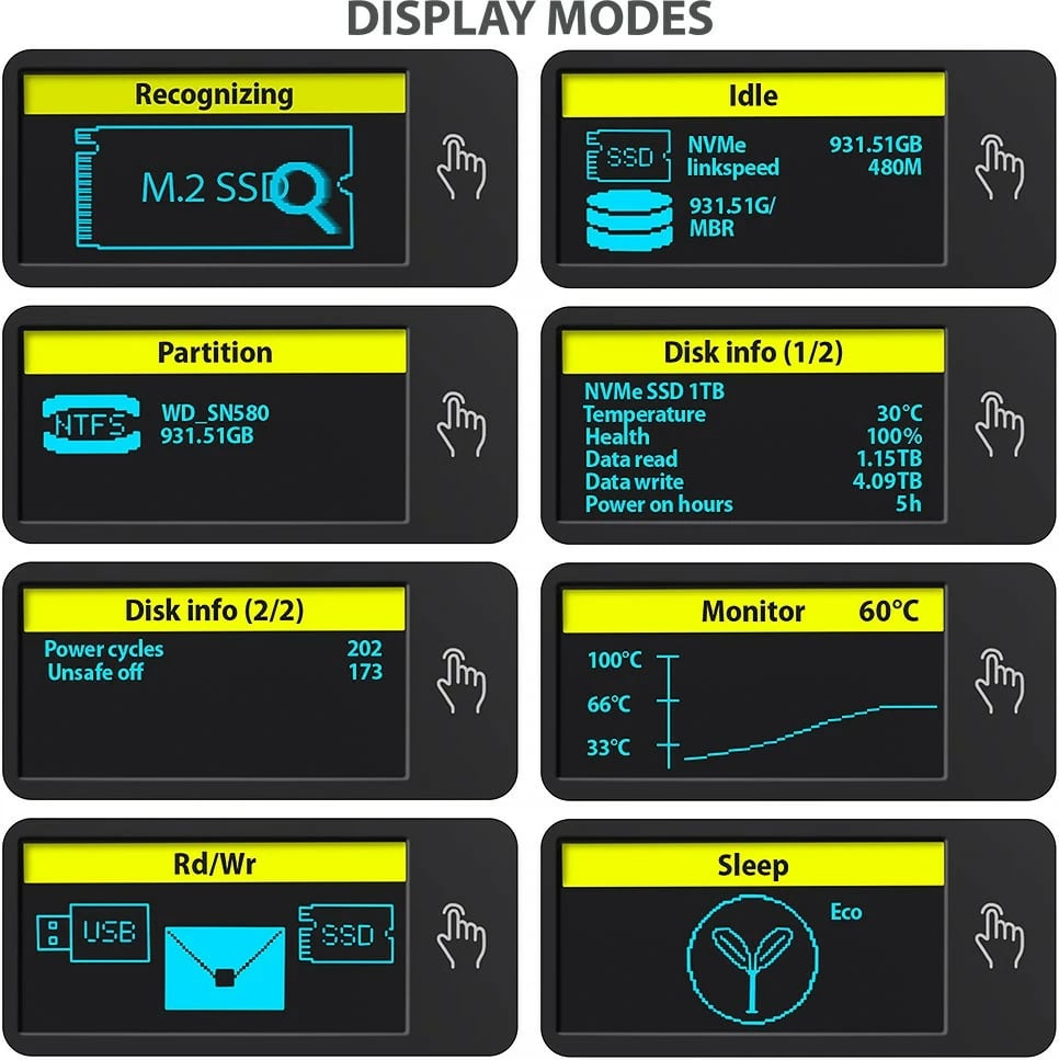 Kasë e jashtme AXAGON EEM2-SD2, për SSD M.2 NVMe/SATA, USB-A/C 3.2 Gen2, ekran LCD, Gri