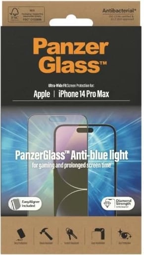 Xham mbrojtës PanzerGlass Ultra-Wide Fit me filtër dritë blu dhe aplikator për iPhone 14 Pro Max