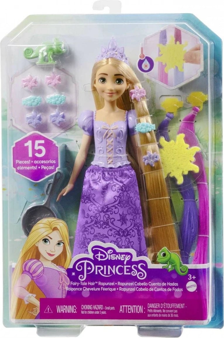 Kukull Disney Princess Rapunzel Mattel HLW18 me flokë shumë të gjatë, me aksesorë, vjollcë, set