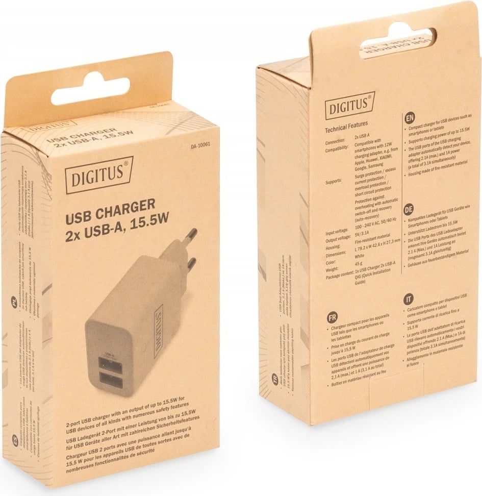 Karikues rrjeti Digitus DA-10061, 2x USB-A, 15.5W, Bardhë