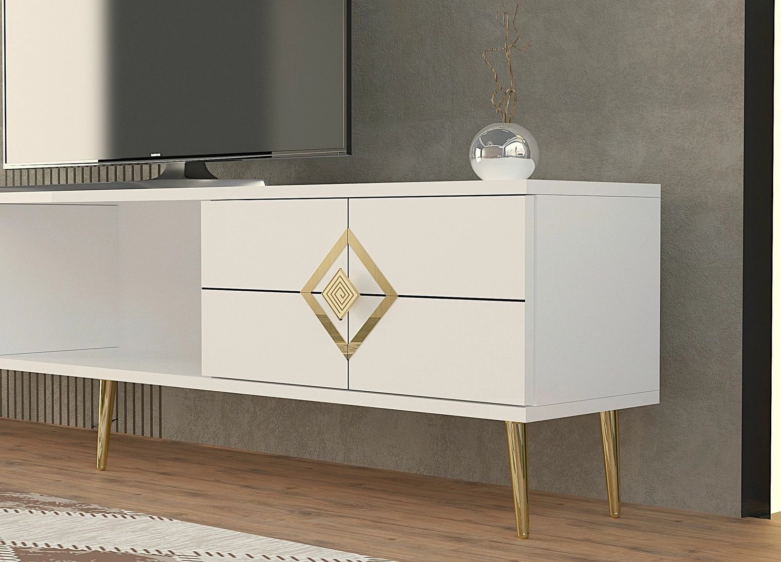 Komodë TV Skye Decor, e bardhë, e artë